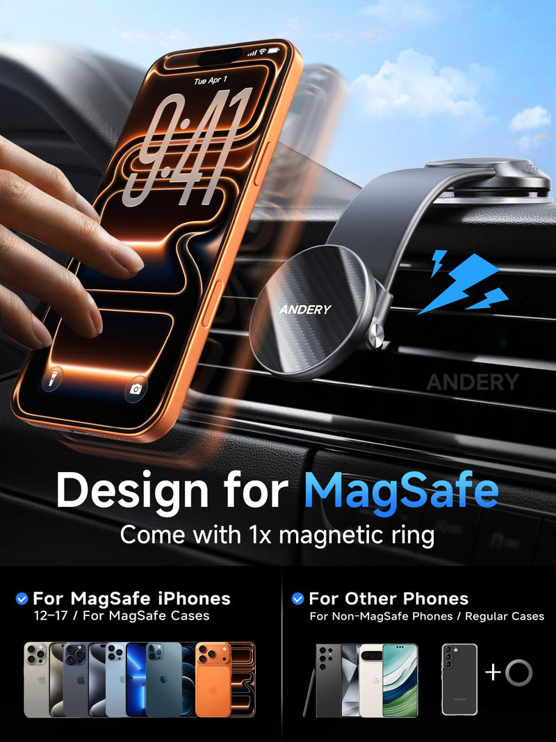 ANDERY Only for iPhone Magsafe Car Mount [360° Adjustable Memory Alloy Arm] | 2400gf Strong Magnetic Power, Bendable Phone Holders for Your Car, Car Phone Holder with Dashboard Pad, for iPhone 17-12