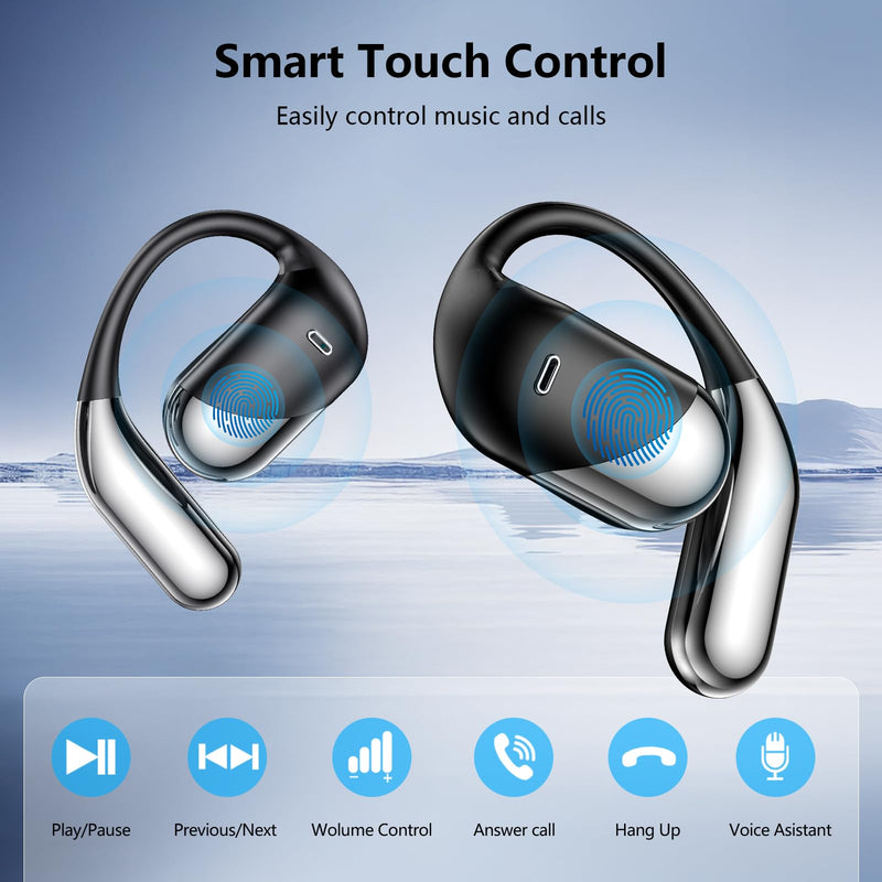 Open Ear Bone Conduction Headphones，,Over Ear Earbuds with Ergonomic Earhook,Bluetooth Headphones 5.4 with Smart Digital Display,60H Playtime,IPX7 Waterproof,Touch Control Operate Running Fit Cycling Black
