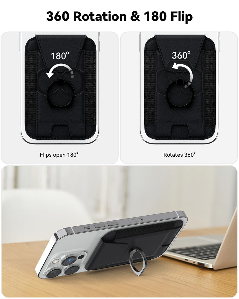 3-in-1 Magnetic Wallet with Phone Ring Stand, Compatible with Mag-Safe Wallet, Magnetic Privacy Flap, Phone Wallet with Phone Ring for iPhone 15/14/13/12 Series, 7 Cards Holder (Black) Black