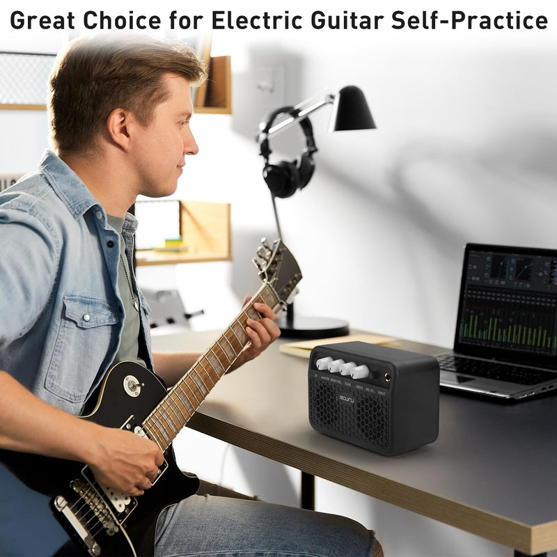 Caline Guitar Mini Amp, 5W Rechargeable Bluetooth Guitar Amplifer Combo for Desktop Practice, Dual Channel,with Headphone Jack, Black