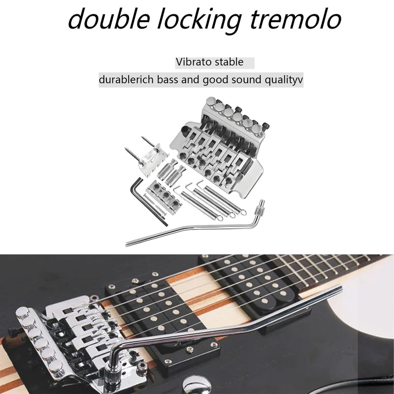 [AUSTRALIA] - Double Locking Tremolo Bridge System with Arm - Compatible with Floyd Rose & Strat Electric Guitars, Chrome Replacement Part (Silver) Silver 