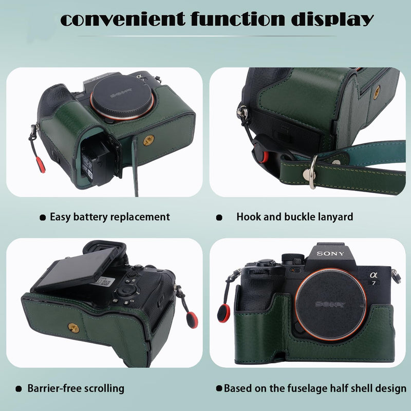 Bowan for Sony A7 Mark IV Camera Case,Handmade Genuine Real Leather Half Camera Case Bag Cover for A7IV A7M IV A7M4 A7 Mark IV A7RV A7R5 Camera Bottom Opening Version + Hand Strap (Green) Green