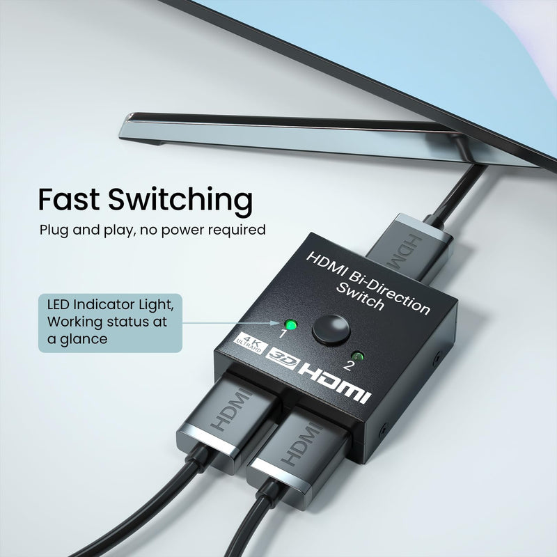 4K/30Hz HDMI Switch, 2 Port HDMI Bi-Direction Manual Switch 2 x 1/ 1x 2 AB Switcher Splitter HDCP Pass Through 4k 2 in 1 out