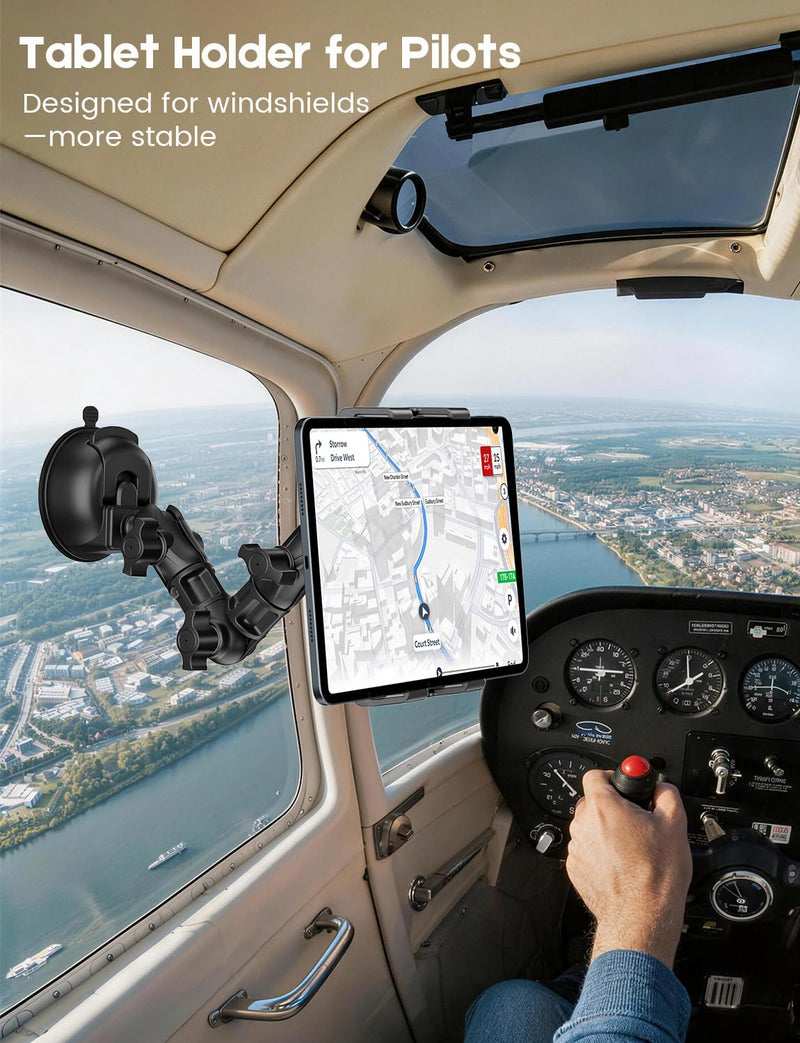 OHLPRO Heavy Duty Tablet Holder for Truck Dashboard & Windshield, 90mm Large Suction Cup Mount, 360° Rotating Long Arm iPad Holder for Aircraft Cockpit, Semi, RV & Boat, Fits 4.7–13" Devices
