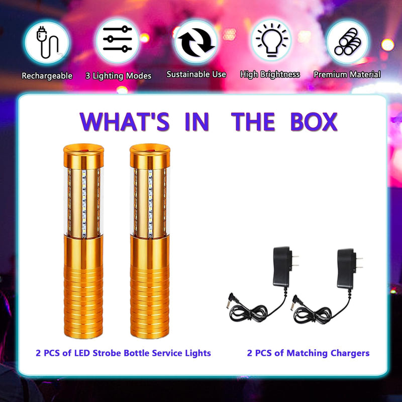 2 PCS LED Strobe Baton Lights Bottle Service Rechargeable Light, Reusable Handheld Champagne Bottle Light Topper for Party Nightclub Bar Wedding Concert Festival Activity (Golden, 2 Pack) Golden