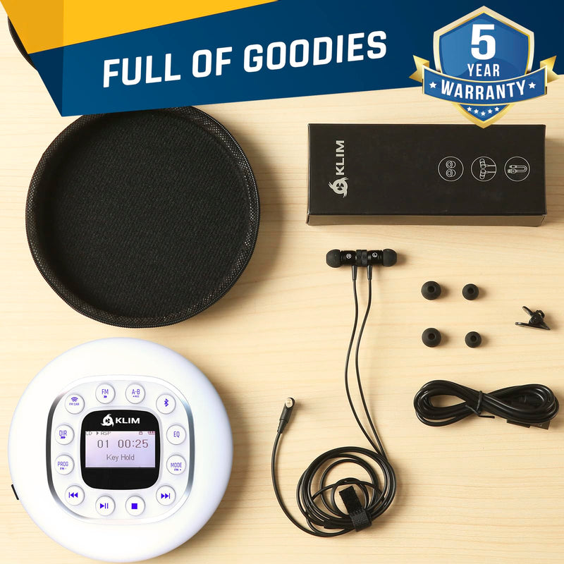 KLIM Journey + Portable CD Player Walkman with Long-Lasting Battery + New 2024 + w/Headphones + Radio FM + Compatible MP3 CD Player + SD Card, FM Transmitter, Bluetooth + Ideal for Cars - White
