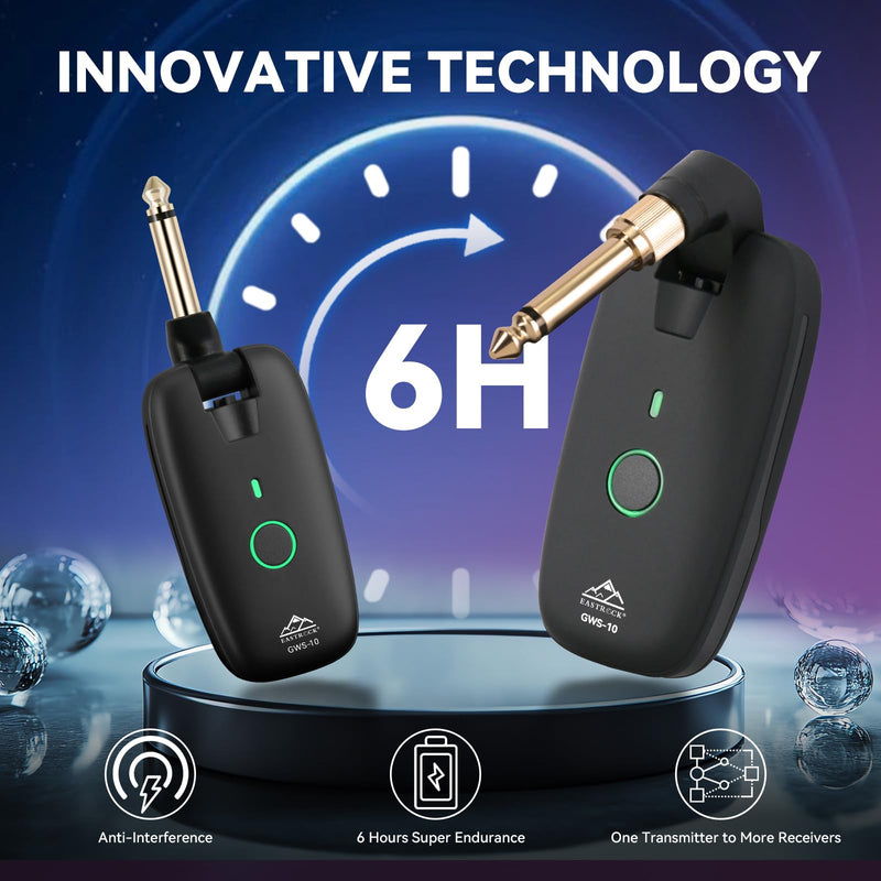 [AUSTRALIA] - EASTROCK Wireless Guitar System – Black, UHF 7-Channel Rechargeable Transmitter & Receiver, 6H Battery, 1/4” & 1/8” Plug for Guitar & Bass 