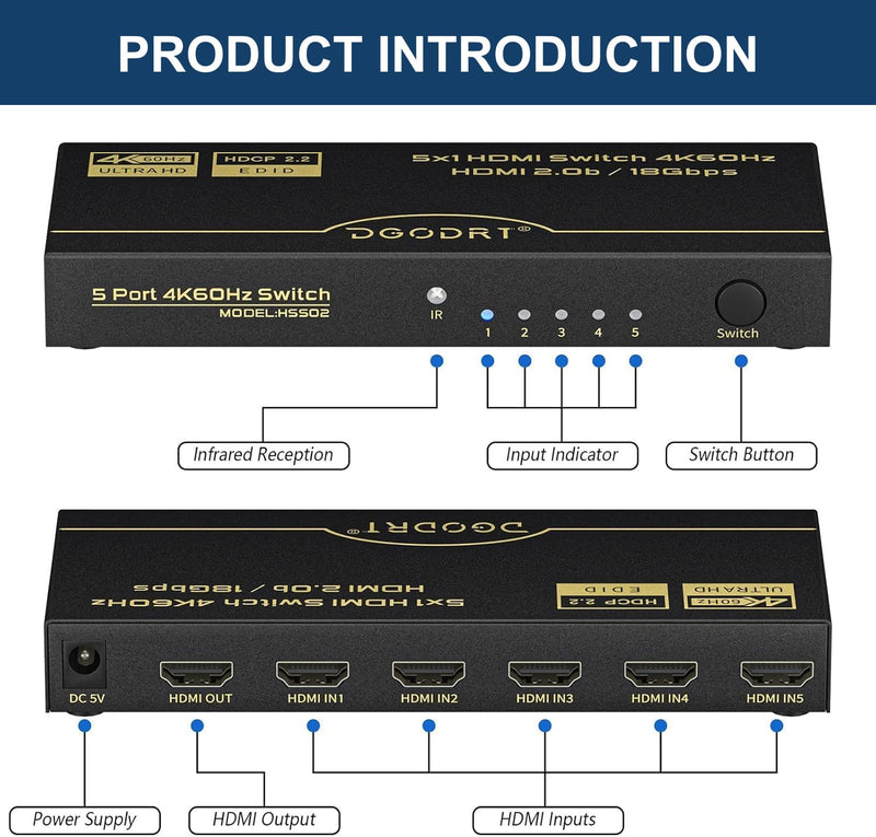 [AUSTRALIA] - HDMI Switch 5 in 1 Out 4K@60Hz, DGODRT 5 Port HDMI Switcher Selector Box with Remote and Auto Switch, Support 3D HDR10 HDCP2.2, 5x1 Game Switcher Hub Compatible with PS5 Xbox Switch Roku Fire Stick 