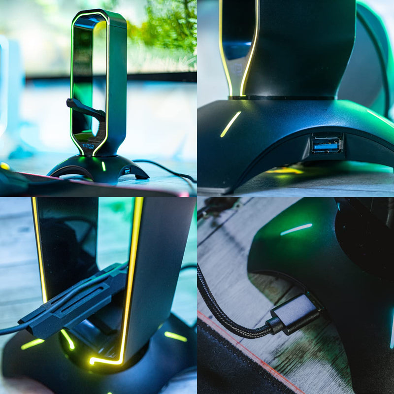 Tilted Nation RGB Headset Stand and Gaming Headphone Stand for Desk Display with Mouse Bungee Cord Holder - Gaming Headset Holder with USB 3.0 Hub for Xbox, PS4, PC - Perfect Gaming Accessories Gift Black