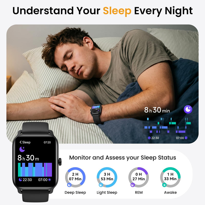 Fitpolo Smart Watches for Men Android & iPhone, Alexa Built-in [1.8" HD Screen] IP68 Waterproof Fitness Watch with Bluetooth Call (Answer/Make), Heart Rate/Sleep/SpO2 Monitor, 105+ Sports Tracker Black