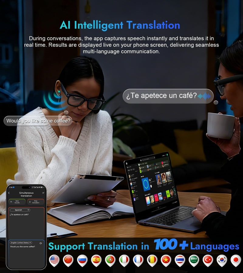 AI Smart Glasses with 8MP 800W Camera for 1080P Video Recording 12min & HD Photo, Bluetooth Real-Time Translation,AI Voice Assistant,Object Recognition,Music Player Gift of Lover,Traveler (large)
