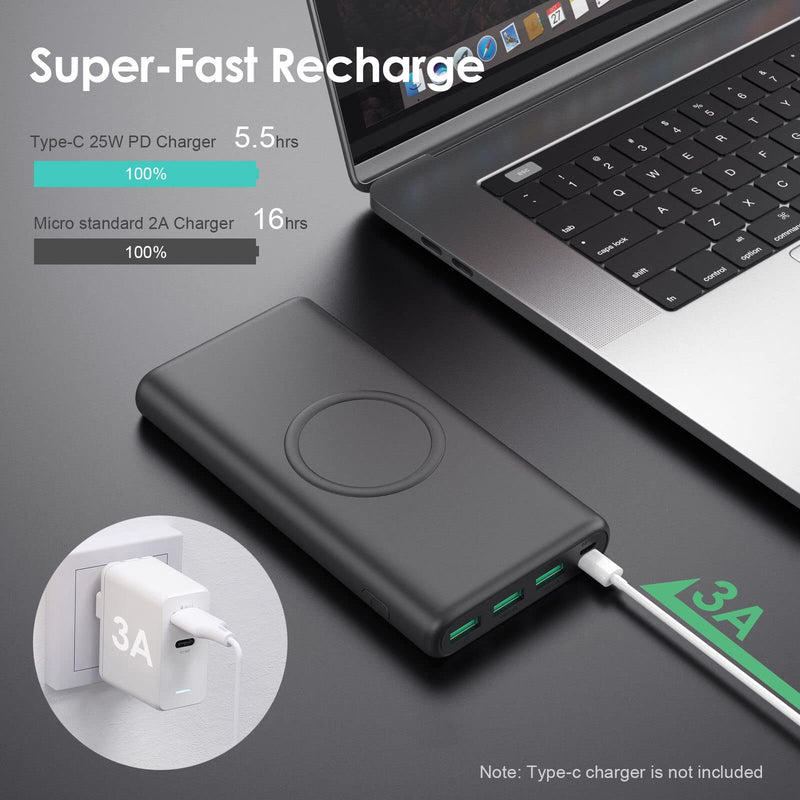 Wireless Portable Charger Power Bank, 33800mAh 15W Fast Wireless Charging 25W PD QC 4.0 USB-C Power Bank, 5 Output & Dual Input External Battery Pack Compatible with iPhone 15/14/13/12/11,Android etc Black