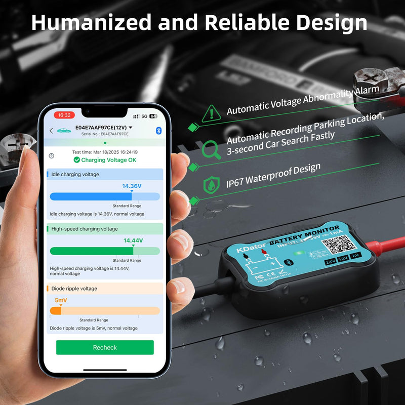 24V 12V 6V Bluetooth Battery Monitor BM7–Work for All Lead-Acid & Lithium Battery with Charging, Cranking System Test & Auto Alarm – Waterproof Voltmeter for Cars, Vans, Trucks, Motorcycles, Boats For 6V-24V Lead-Acid & Lithium Battery