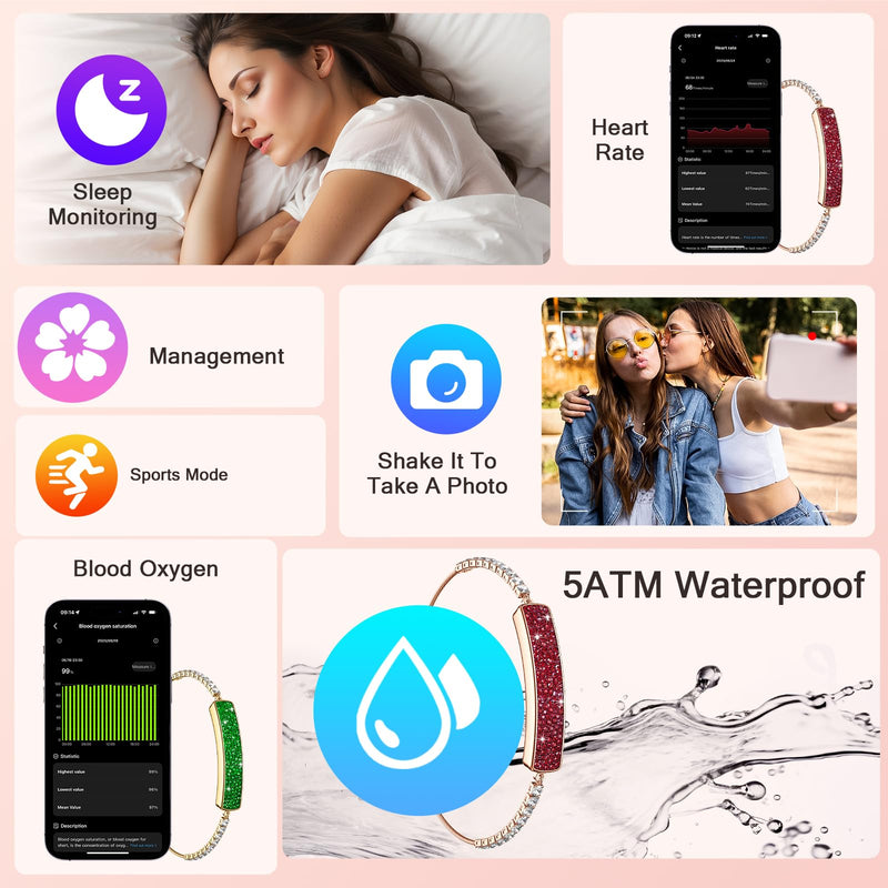 Smart Bracelet for Women with Diamonds Health Fitness Tracker | with Heart Rate HRV Sleep Monitor Sport Modes, 5ATM Waterproof Step Activity Tracker for iOS Android, The Best Gift (2 Bands) Red