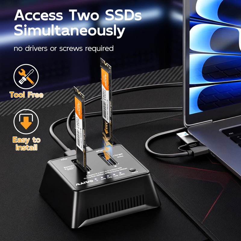 MAIWO Dual M.2 NVMe Cloner, 10Gbps USB 3.2 Gen 2 External SSD Docking Station for PC Laptop, Standalone Offline Duplicator Tool-Free for M-Key SSD 2230 2242 2260 2280 22110