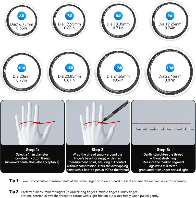 Smart Fitness and Activity Ring for Men and Women - Track Heart Rate Stress Sleep Steps and Blood Oxygen, 10ATM Waterproof Fitness Tracker for iPhone and Android, No Subscription Fee, Size 6