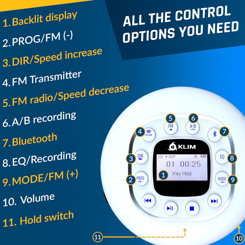 KLIM Journey + Portable CD Player Walkman with Long-Lasting Battery + New 2024 + w/Headphones + Radio FM + Compatible MP3 CD Player + SD Card, FM Transmitter, Bluetooth + Ideal for Cars - White
