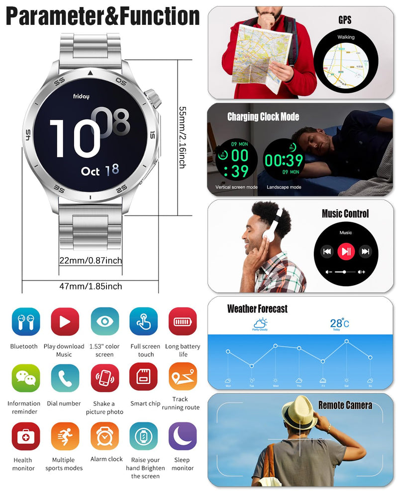 Smart Watch for Men, GPS Sports Mens Smartwatch, 1.53" HD Screen IP67 Waterproof, Answer/Make Call, Heart Rate Monitor, Sleep Tracking, Fitness Tracker, Compatible for Android iOS (Silver X2Max)