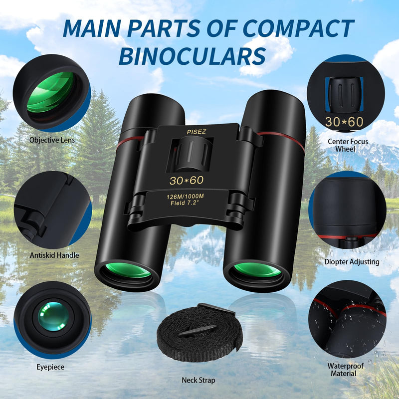 PISEZ 30X60 Compact Binoculars for Adults and Kids，Lightweight Foldable Easy Focus Small Binoculars for Bird Watching Hunting Concert Traveling Theater Opera Sightseeing black