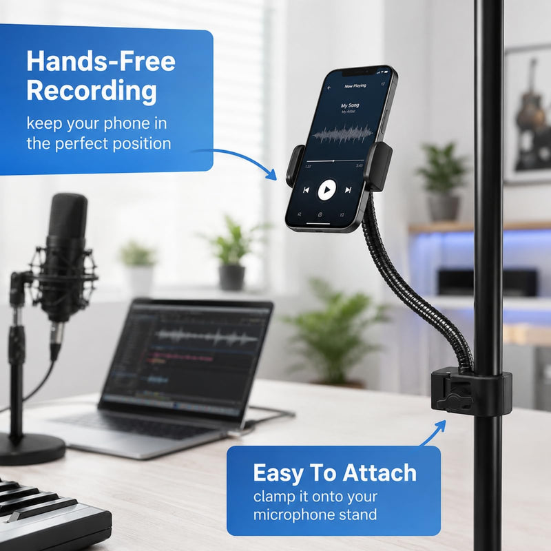 Mic Stand Phone Holder,phone holder for mic stand,Flexible Gooseneck phone mic,guitar 360°Adjustable for iPhone 14 13 12 MAX Pro Samsung Galaxy All Smartphones