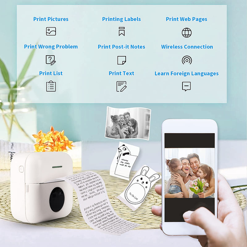 HuiJuKeJi Mini Sticker Printer Bluetooth Smart Pocket Inkless Thermal Printer with 11 Rolls Thermal Paper and Sticker for iOS&Android, Portable Receipt Printer for Photo Journal Notes Memo White