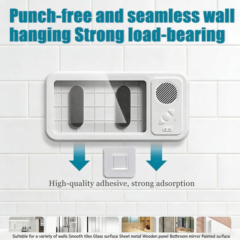 Waterproof Shower Phone Holder with Bluetooth Speaker, IPX4 Anti-Fog 360° Rotatable Suction Mount for Bathroom Kitchen