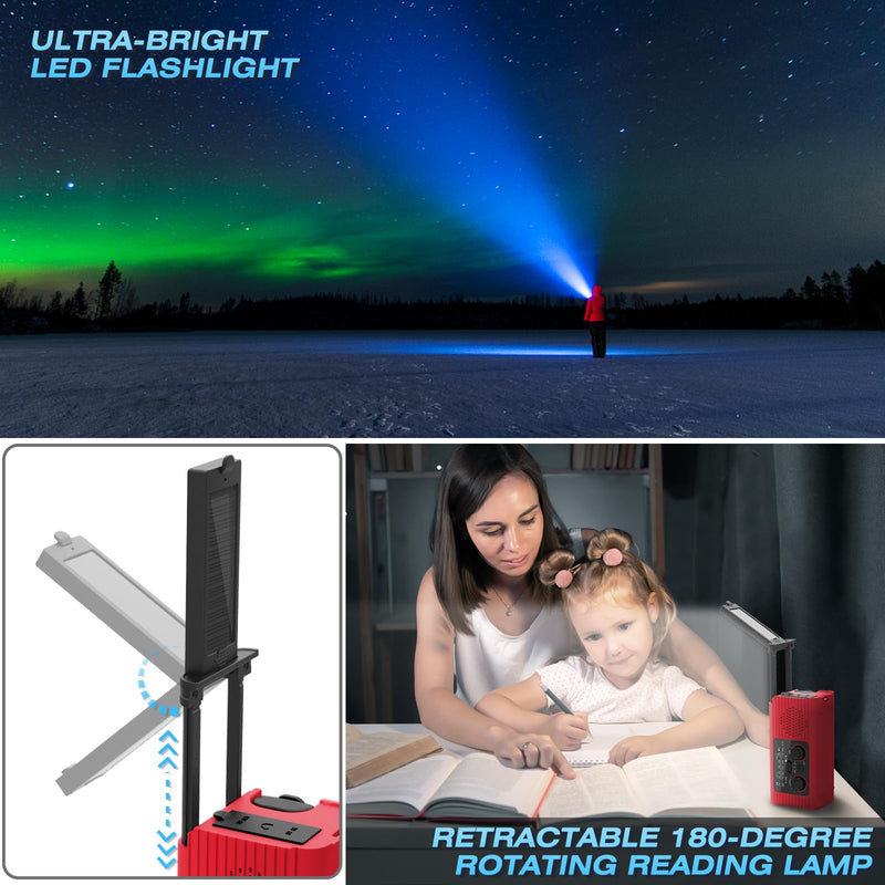 Emergency Radio, Hand Crank Radio Solar for Hurricane Supplies, AM/FM NOAA Portable Weather Radio 2000mAh with LED Flashlight, Power Bank, SOS Alarm 180°Rotatable Reading Lamp for Emergency Red