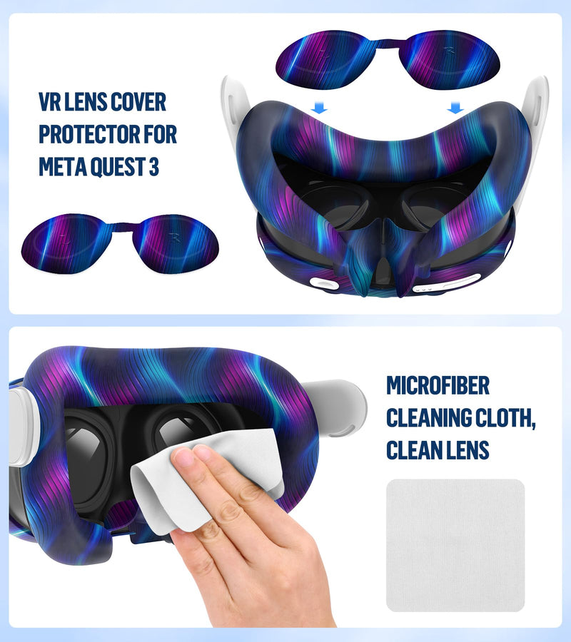 Silicone Cover Set Compatible with Oculus/Meta Quest 3, Touch Controller Grips Cover, VR Shell Cover, Facial Interface Cover, Protective Lens Cover, Tempered Glass Lens Caps (Aurora Blue) Aurora Blue