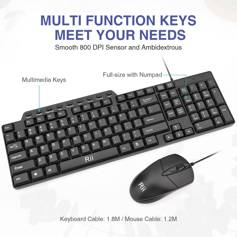 Basic Keyboard and Mouse,Rii RK203 Ultra Full Size Slim USB Basic Wired Mouse and Keyboard Combo Set with Number Pad for Computer,Laptop,PC,Notebook,Windows and School Work(1 Pack) 1 PACK