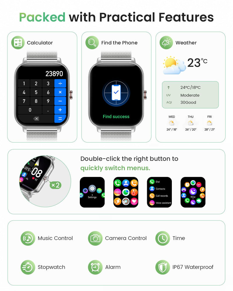 Smart Watch for Women with Bluetooth Call, 1.85'' Waterproof Smartwatches with 100+ Sport Modes Pedometer Heart Rate/SpO2/Sleep Monitor, Fitness Activity Trackers for iPhone Android, Silver