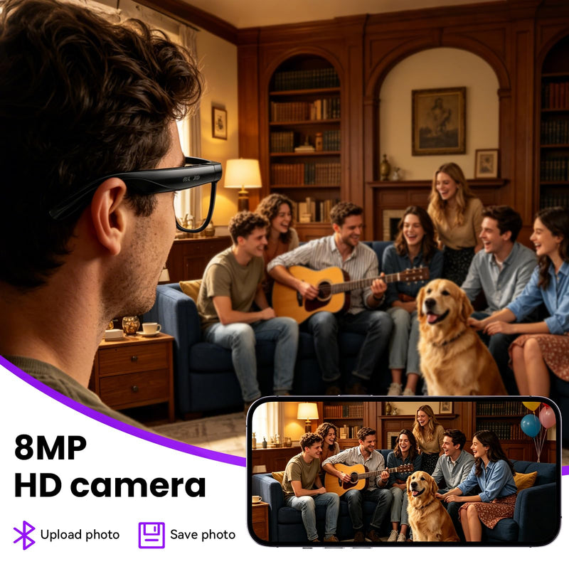 Hwagol Smart Glasses with Camera, 8MP HD Photo and Video Recording,AI Camera Glasses with Real-Time Translation/Object Recognition/AI Voice Q&A/Recording, Calls and Music,Comes with 3 Pairs of Lenses Black