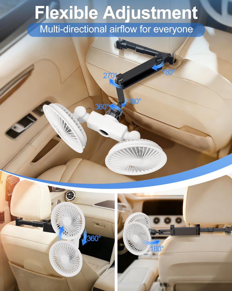 Car fan for Backseat Kids, Rechargeable Battery Powered USB Fans for Car with LED Display, Powerful 3 Speeds 360° Rotation Headrest Dual Head Cooling Car Seat Fan for Baby Rear Facing for SUV Truck