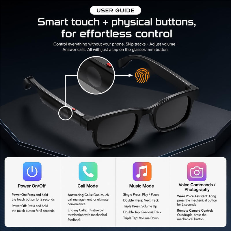 FEISEDY AI Smart Glasses with AI Assistant for Travel & Daily Use B0476 | Interchangeable Sunglasses Lenses,Open-Ear Bluetooth Audio, Music & Hands-Free Calls