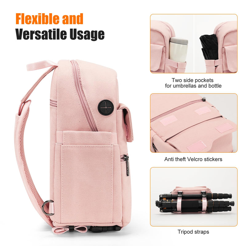 Cwatcun Large Canvas Sling Bag, Crossbody Chest Bag with Tripod Holder | Fits 1body +2lenses +9.7" iPad +6.7"phone.Waterresistant canvas with rain cover, tripod holder, adj strap 29.5-51.2". Pink