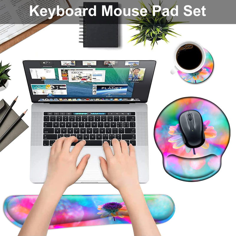 Ergonomic Mouse Pad and Keyboard Wrist Rest Set, Non Slip PU Base Easy Typing Pain Relief Gaming Mousepad with Coaster 3-in-1 Combo for Computer Laptop Home Office, Pink Watercolor Flower 3 Pcs Set
