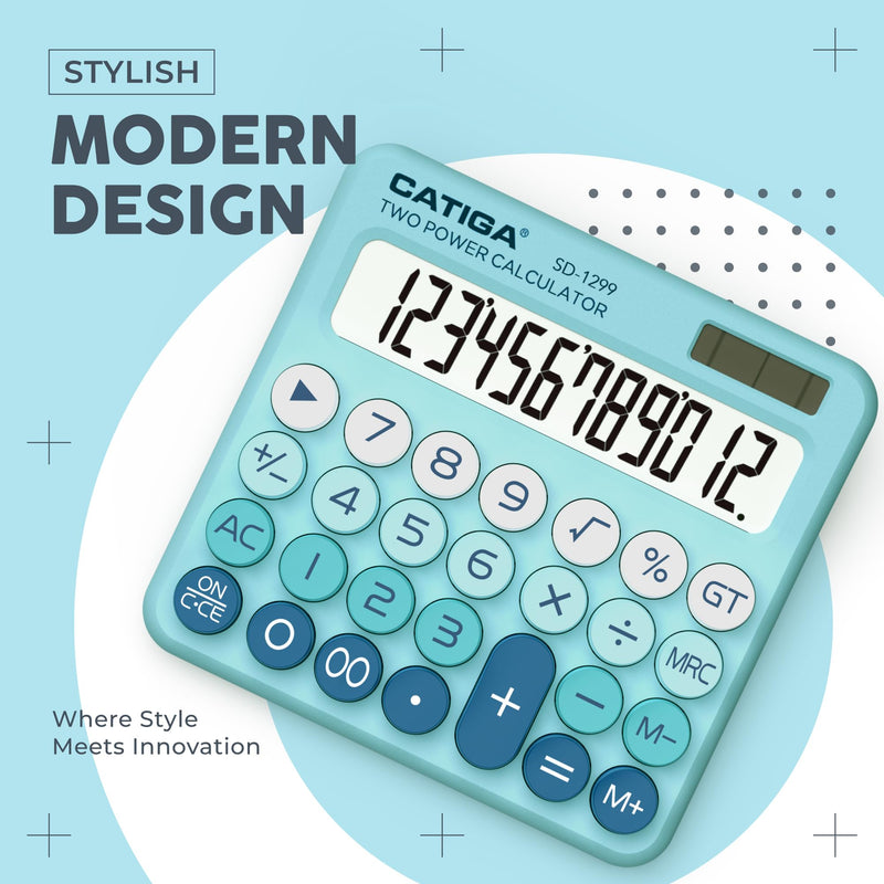 CATIGA Mechanical Switch Calculator with Solar and Battery Dual Power, 12-Digit Large LCD Display, Aesthetic and Cute Desktop Calculator with Big Button, for Home, School and Office Use, SD-1299 Aqua Blue