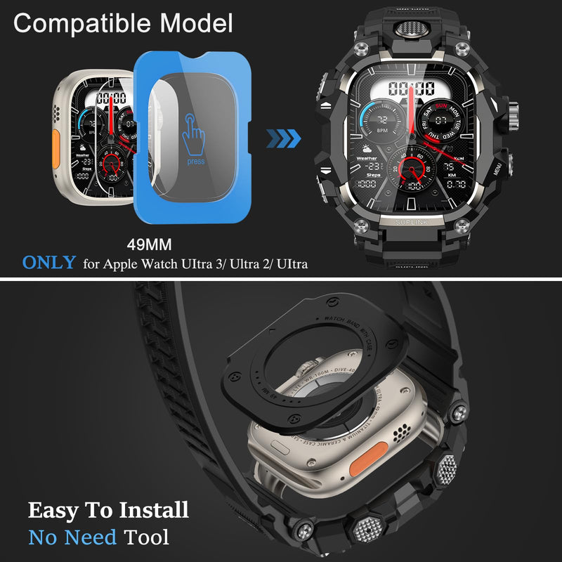 SUPLINK Rugged Case with Sport Band for 49mm Apple Watch Ultra 3 2 1 Bands Titanium and Stainless Steel Apple Watch Band for Men Silver