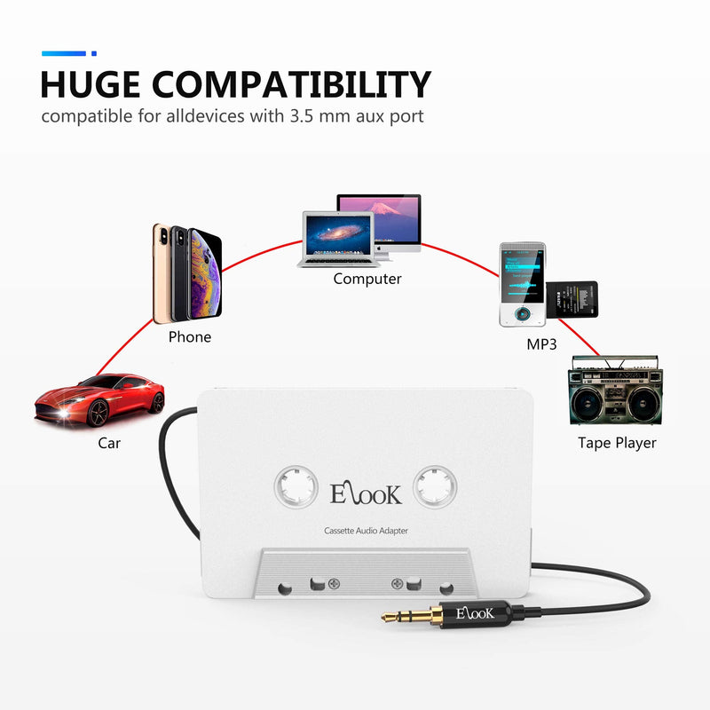 [AUSTRALIA] - Elook Car Cassette Aux Adapter, 3.5mm Universal Audio Cable Tape Adapter for Car, Phone, MP3 ect. White 