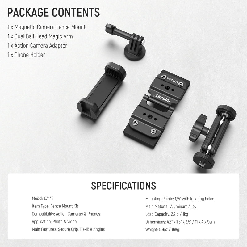 NEEWER Magnetic Fence Mount Compatible with Mevo Start Pocket Radar GoPro Insta360 DJI, Dual Mounting Kit Compatible with Gamechanger App for Baseball Live Streaming, Metal Camera Post Mount, CA144