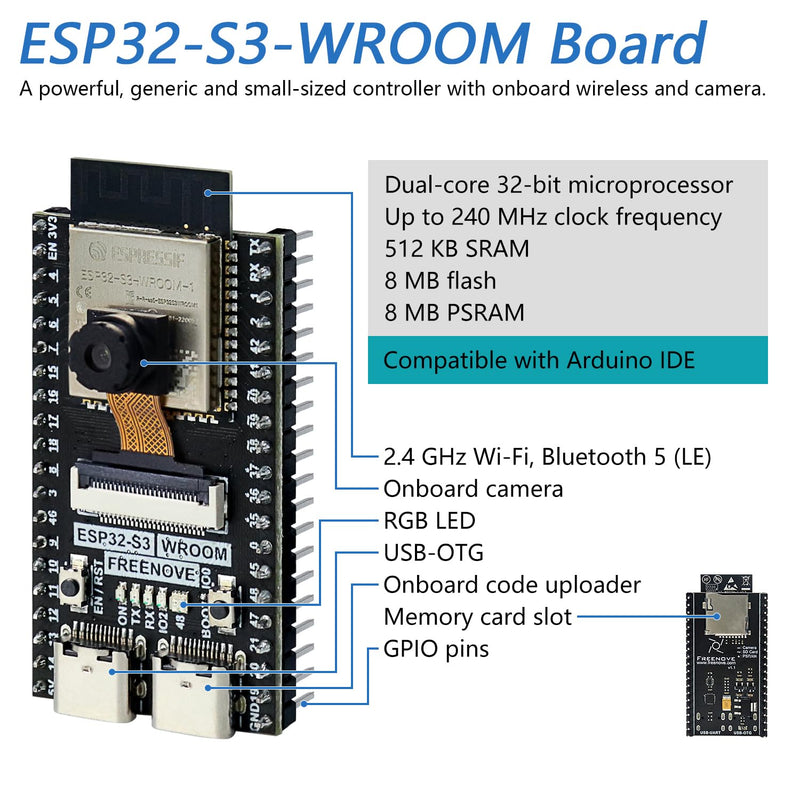 Freenove Ultimate Starter Kit for ESP32-S3 ESP32 S3 CAM (Included), Dual-core 32-bit 240 MHz Microcontroller, Onboard Camera Wireless, Python C Java, 783-Page Detailed Tutorial, 243 Items 116 Projects