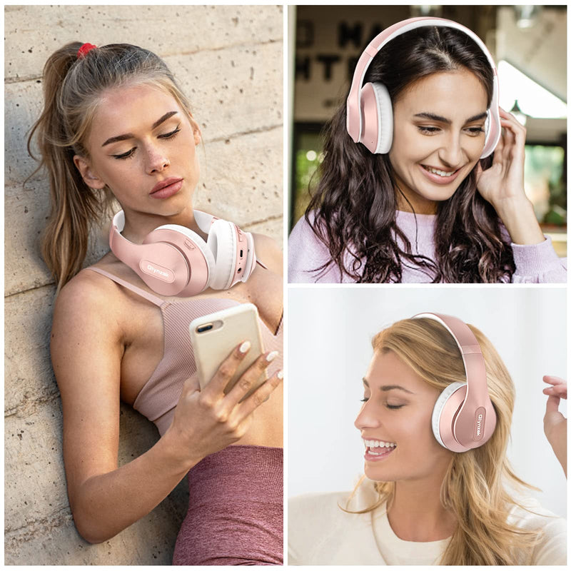 [AUSTRALIA] - Wireless Headphones Over Ear 65H Playtime HiFi Stereo Headset with Microphone and 6EQ Modes Foldable Bluetooth V5.3 Headphones for Travel Smartphone Computer Laptop Rose Gold WH207A 