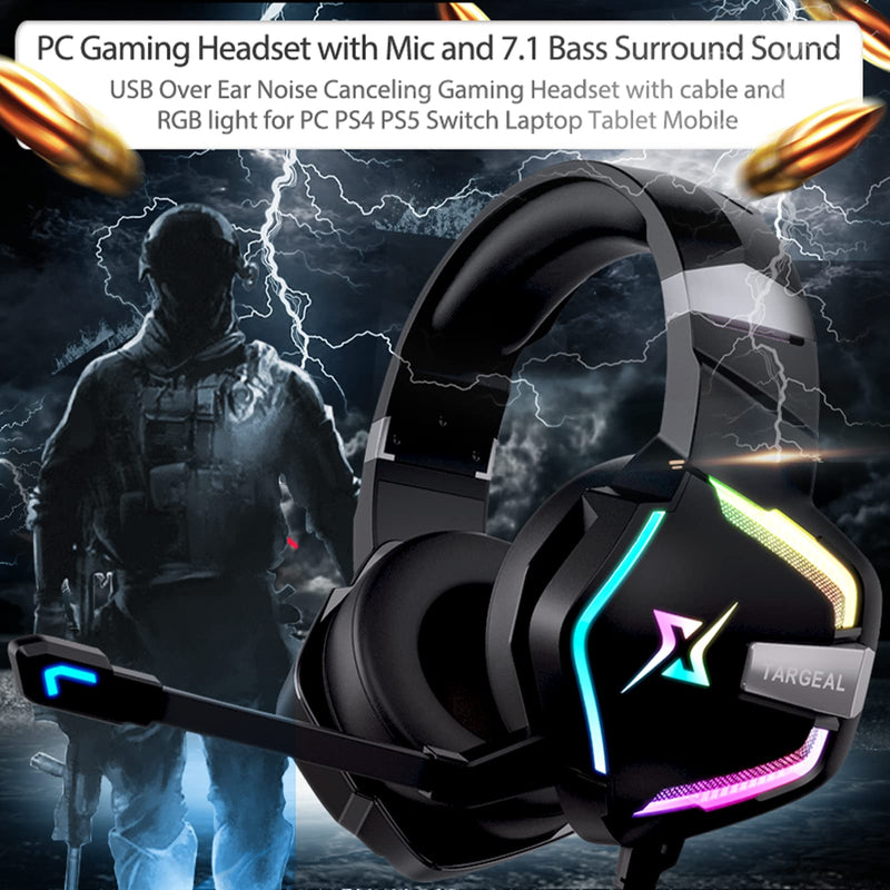 targeal Gaming Headset with Microphone for PC PS5 PS4 Switch Laptop Mac, USB Wired 7.1 Surround Sound Gaming Headphones with Omni-Directional Noise Canceling Mic, RGB LED, Without Type C Cable SKY-917