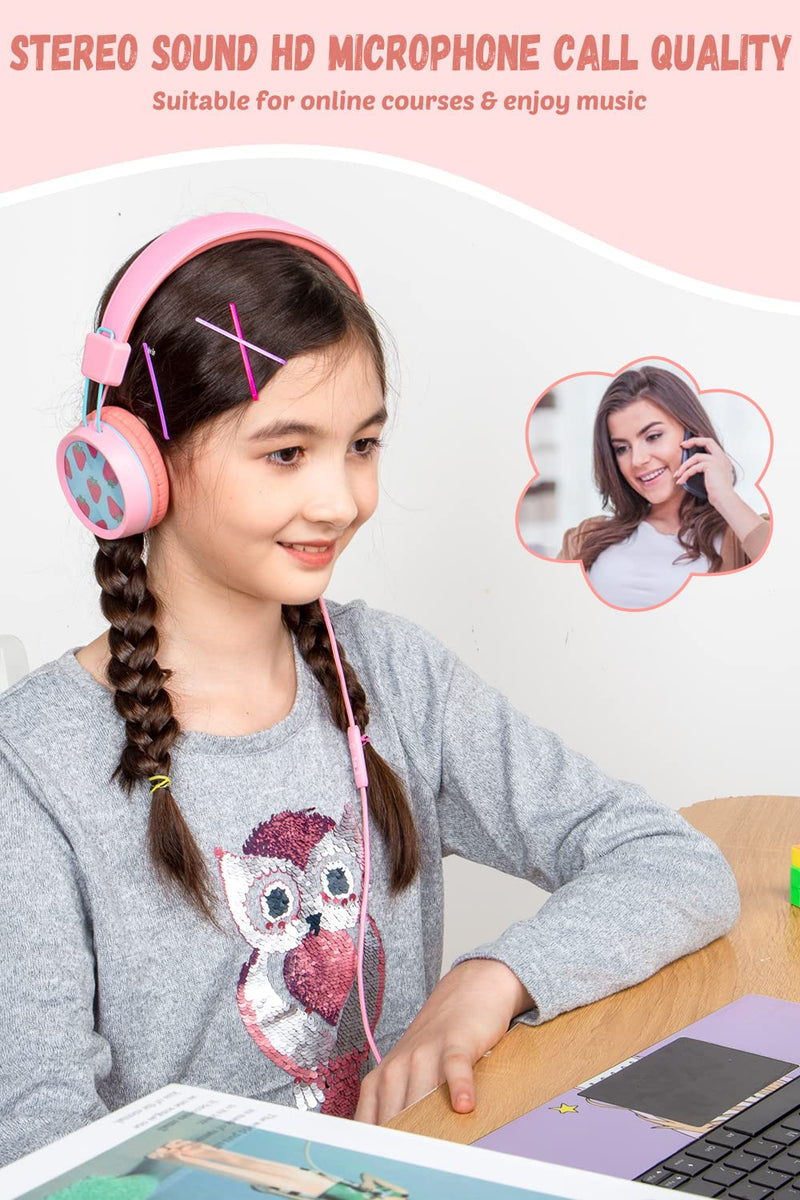 Kids Headphones for School with Microphone New bee KH20 HD Stereo Safe Volume Limited 85dB/94dB Foldable Lightweight On-Ear Headphone for PC/Mac/Android/Kindle/Tablet/Pad (Pink) Pink