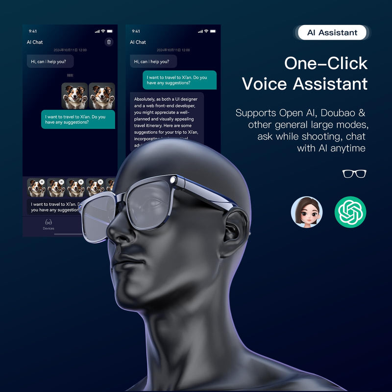 AI Glasses with Camera, 4K Video, 8MP Camera, Translation Smart | Hands-Free POV Recording Glasses, ChatGPT AI Assistant, Bluetooth & Open-Ear Audio, Weatherproof, for Business/Travel Black Glasses Frame