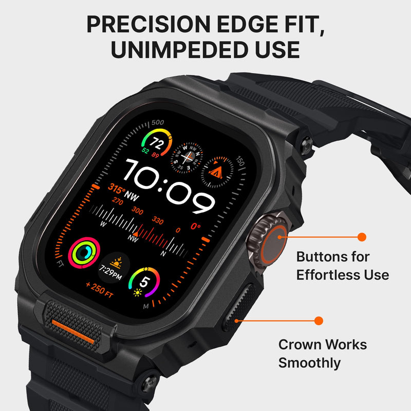 Bandletic Rugged Case Band Compatible with Apple Watch Ultra 3/2/1 49mm | Military Grade Shockproof Bumper Cover for iWatch Tactical Band Men, Screen Protector Included Black/Black