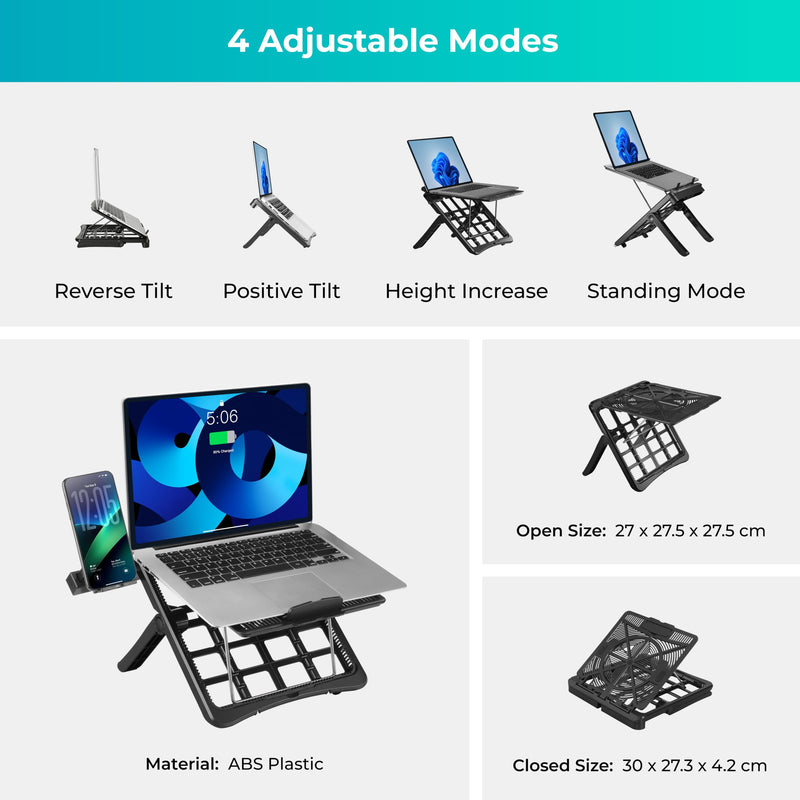 ergounion Adjustable Laptop Stand for Desk, Ergonomic Riser for 10-17" Lap | ABS 4-in-1 sit-stand riser with phone holder. Fits Mac/Dell/HP. Great for students & workers.For office, dorm, travel, gaming