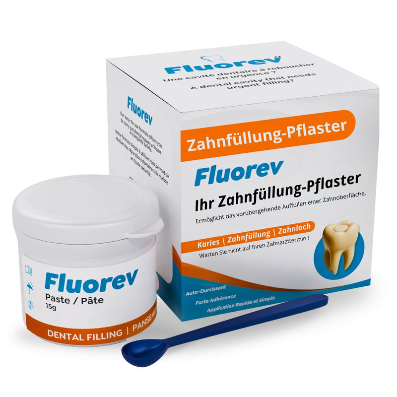 FLUOREV Temporary Dental Filling Material - Temporary Tooth Repair (Caries, Fillings) and Instant Pain Relief - Ready to Use - Easy to Use - Zinc Oxide - 15g