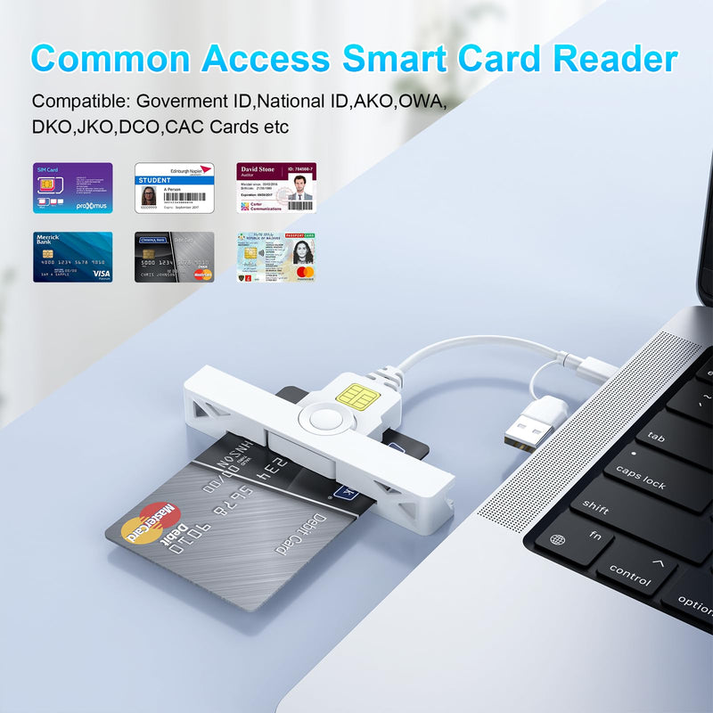 CAC Card Reader 2 in 1 USB/USB C Dual Connector, DOD Military USB Common Access CAC Reader Type C USB Smart Card Reader Compatible with Windows, Mac OS Mini Fold Plug and Play White