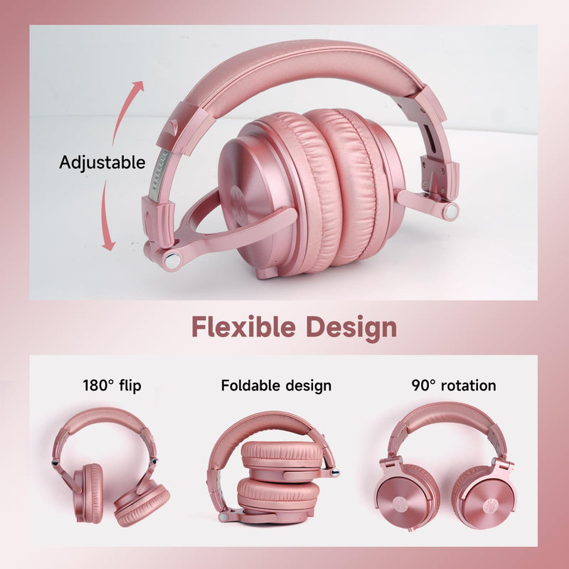 OneOdio Bluetooth Over Ear Headphones, 110 Hrs Wireless/Wired Stereo Sound Foldable Headsets with Deep Bass 50mm Neodymium Drivers for PC/Phone/Tablet - Studio Wireless Pro C, Rose Gold