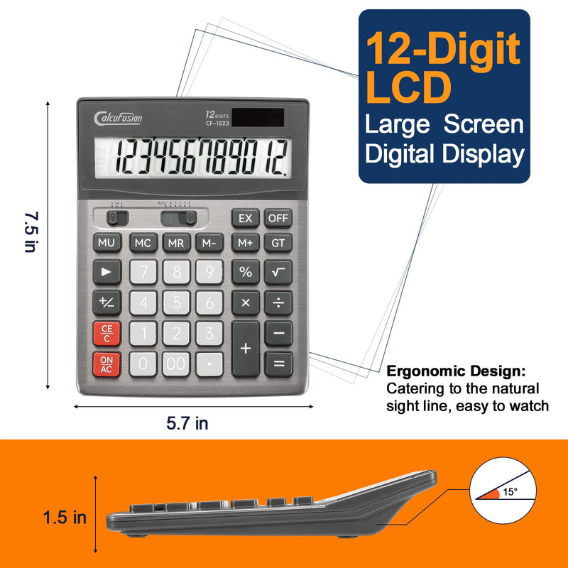 Desktop Calculator 12 Digit with Large LCD Display Big Buttons Basic Calculator Standard Function Solar Calculator with Battery Desk Calculators for Office School Home CF-1523